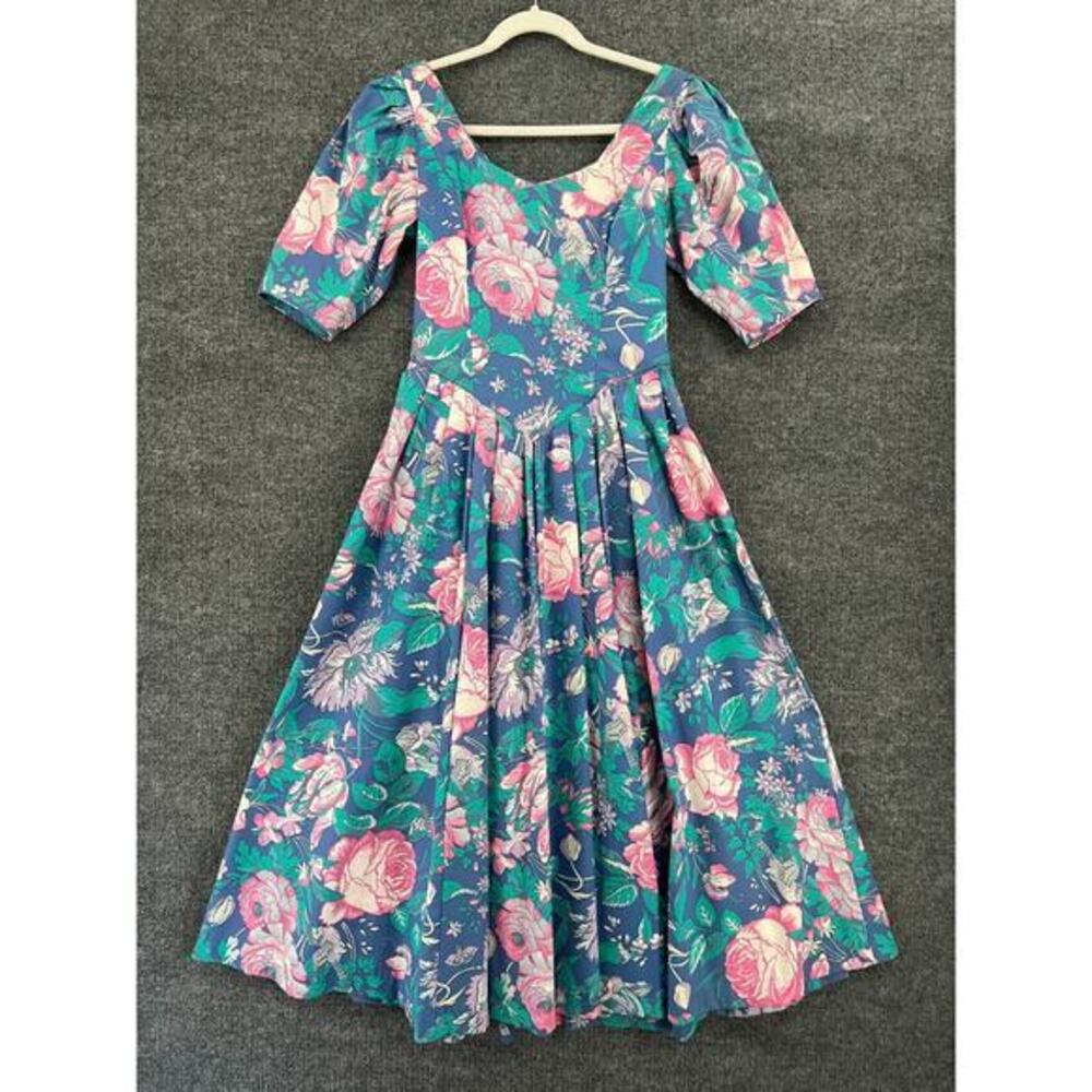 Vintage Laura Ashley 80s Dress Womens 8 Floral Bird Print Bustle Puff Sleeve Tea